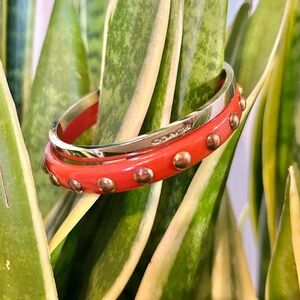 Coach bracelet bundle, enamel w/ copper studs & silver tone monogram bangles